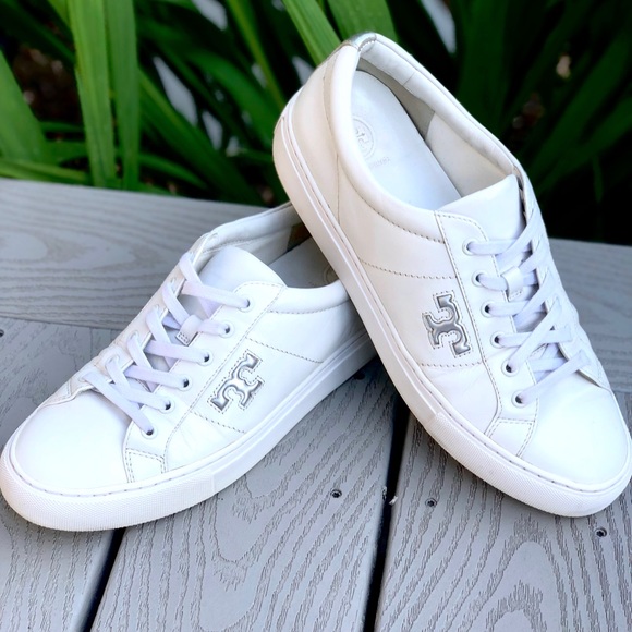 Tory Burch Shoes - Tory Burch All Leather White & Slvr Logo Sneakers
